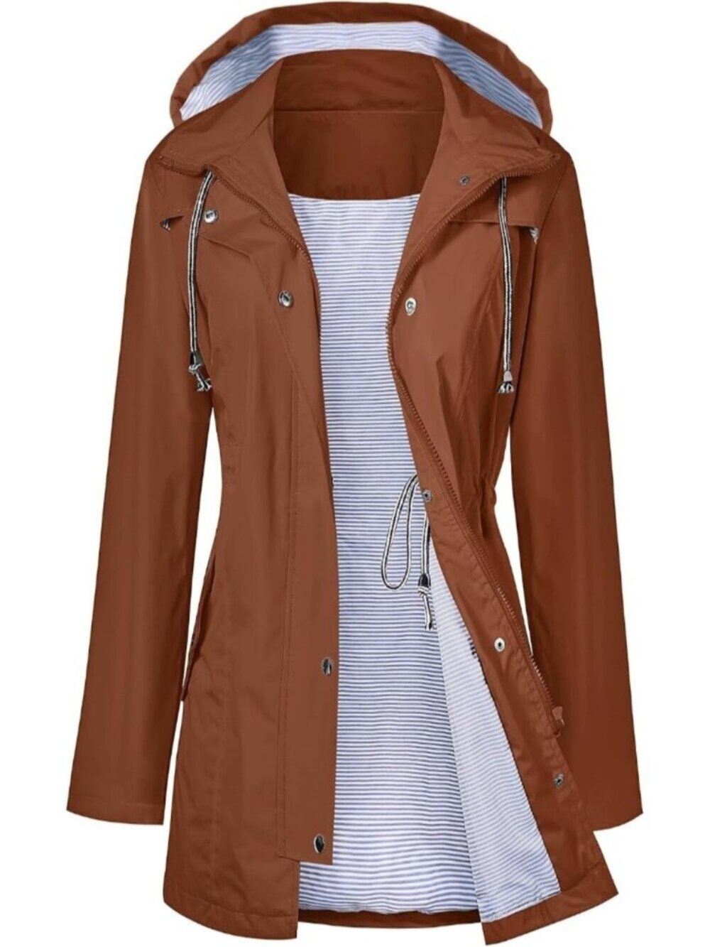 Women Caramel Hooded Waterproof Adjustable Drawstring Windbreaker Trench Coat